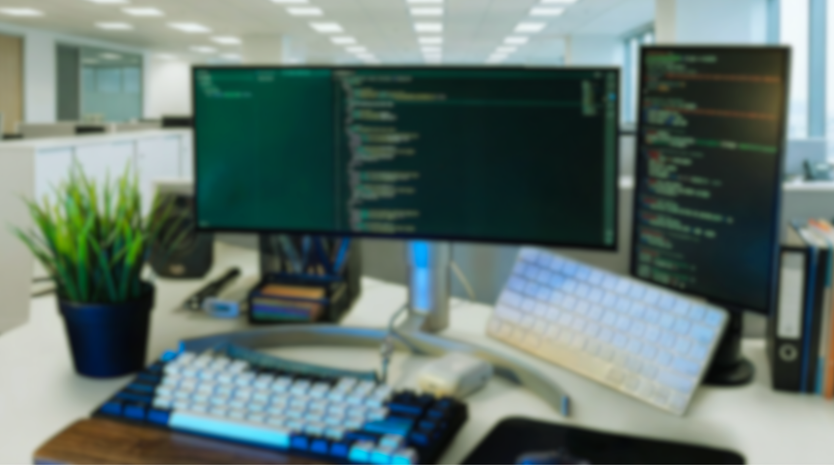 Tech desk with mechanical keyboard and programming code on screen.
